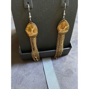 NIB Subversive Whimsical Bird Locket Chain Fringe Dangle Earrings